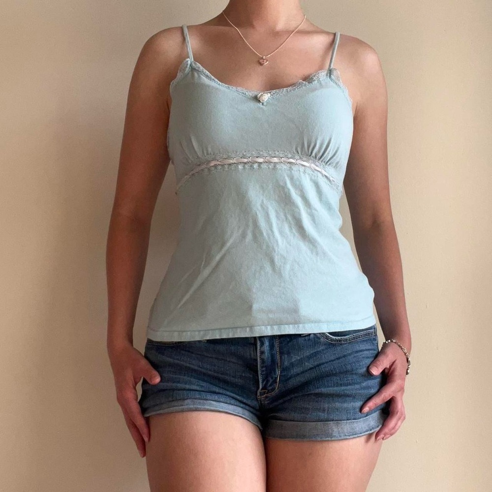 Coquette Balletcore Light Blue Tank Top Lace Ribbon Flower L